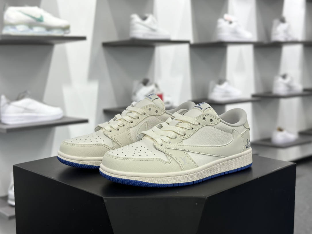 Louis Vuitton x Travis Scott x Nike Air Jordan 1 Low OG SP”Beige/Blue/LV”AJ1乔丹一代篮球鞋“TS联名米白宝蓝LV印花倒钩”LJ5188-007