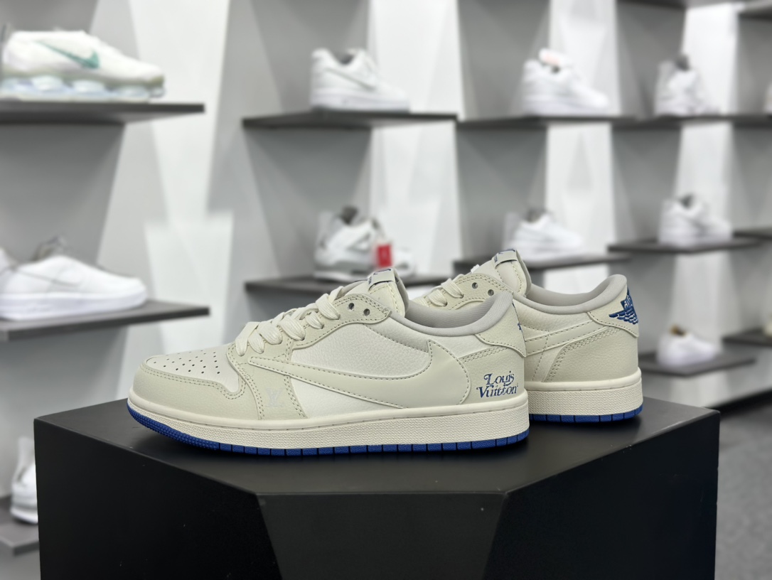 Louis Vuitton x Travis Scott x Nike Air Jordan 1 Low OG SP”Beige/Blue/LV”AJ1乔丹一代篮球鞋“TS联名米白宝蓝LV印花倒钩”LJ5188-007