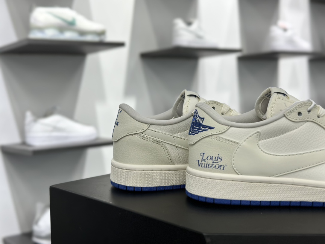 Louis Vuitton x Travis Scott x Nike Air Jordan 1 Low OG SP”Beige/Blue/LV”AJ1乔丹一代篮球鞋“TS联名米白宝蓝LV印花倒钩”LJ5188-007