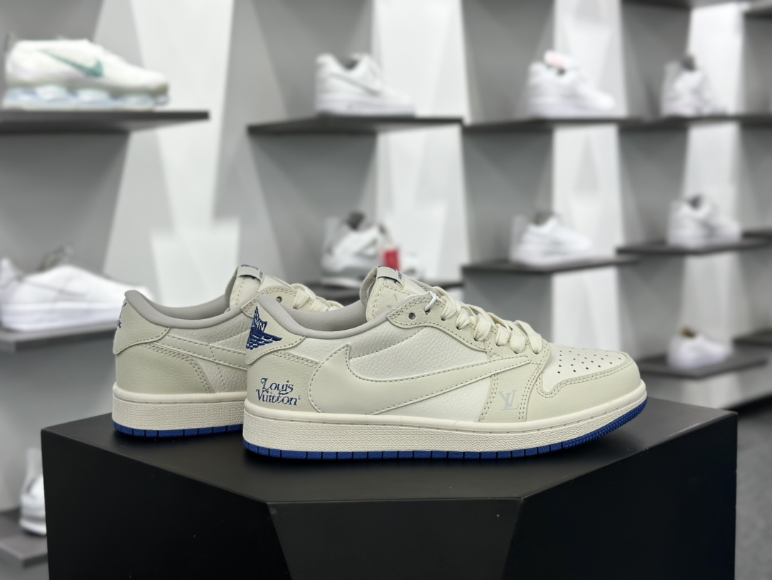 Louis Vuitton x Travis Scott x Nike Air Jordan 1 Low OG SP”Beige/Blue/LV”AJ1乔丹一代篮球鞋“TS联名米白宝蓝LV印花倒钩”LJ5188-007