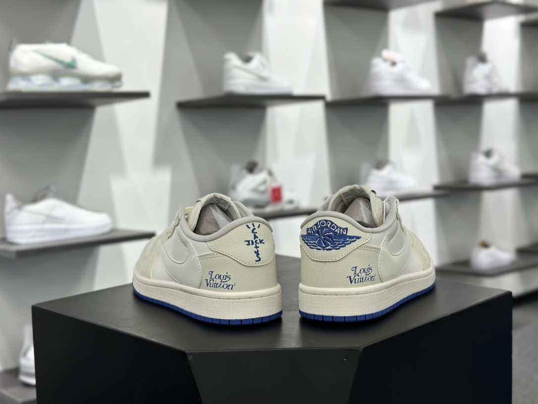 Louis Vuitton x Travis Scott x Nike Air Jordan 1 Low OG SP”Beige/Blue/LV”AJ1乔丹一代篮球鞋“TS联名米白宝蓝LV印花倒钩”LJ5188-007