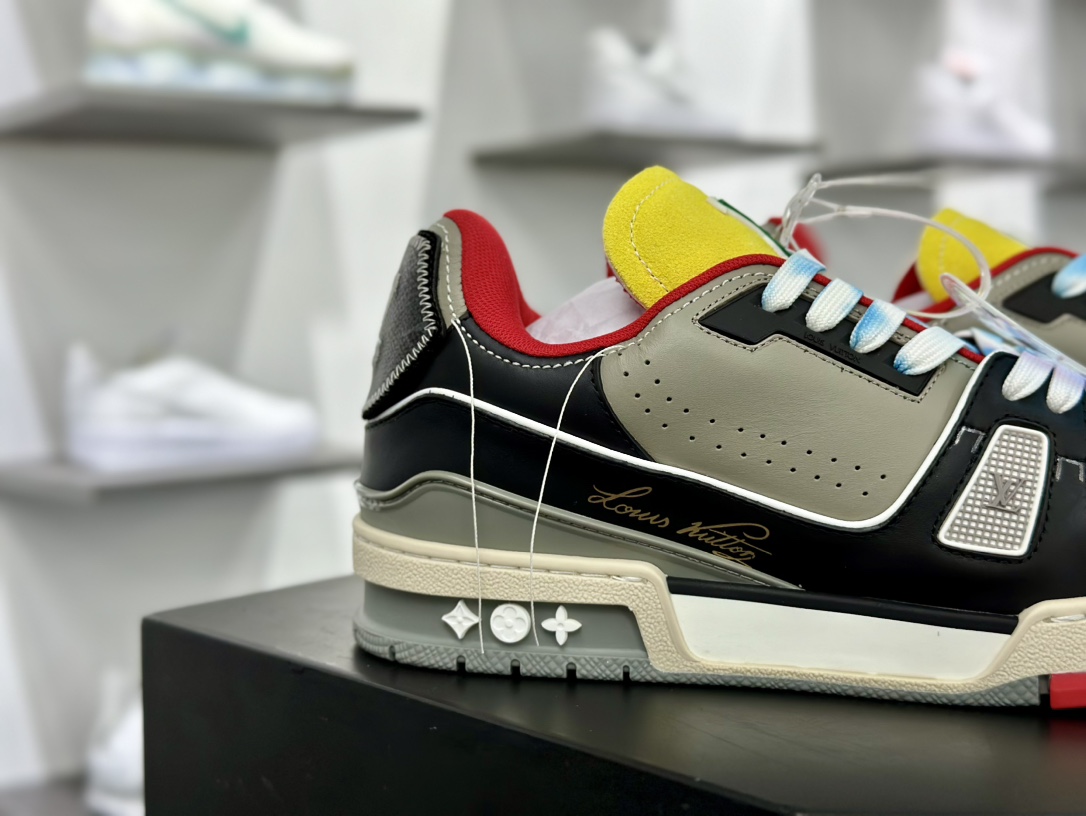 LV路易威登Louis Vuitton Trainer Sneaker Low 低帮复古篮球板鞋“黑灰红黄流苏线头”1A8Q95