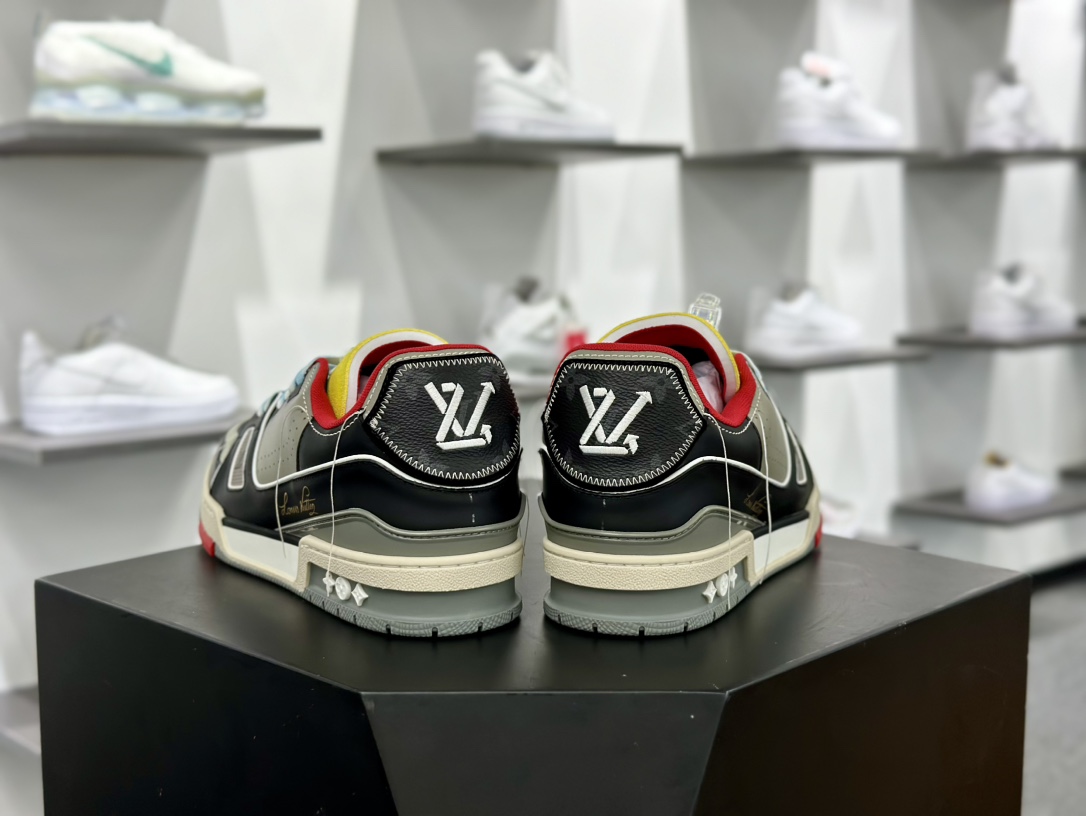 LV路易威登Louis Vuitton Trainer Sneaker Low 低帮复古篮球板鞋“黑灰红黄流苏线头”1A8Q95