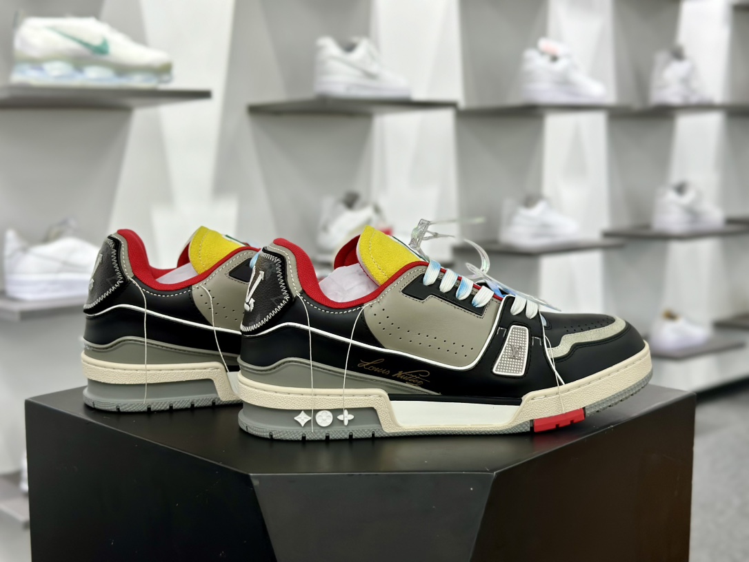 LV路易威登Louis Vuitton Trainer Sneaker Low 低帮复古篮球板鞋“黑灰红黄流苏线头”1A8Q95