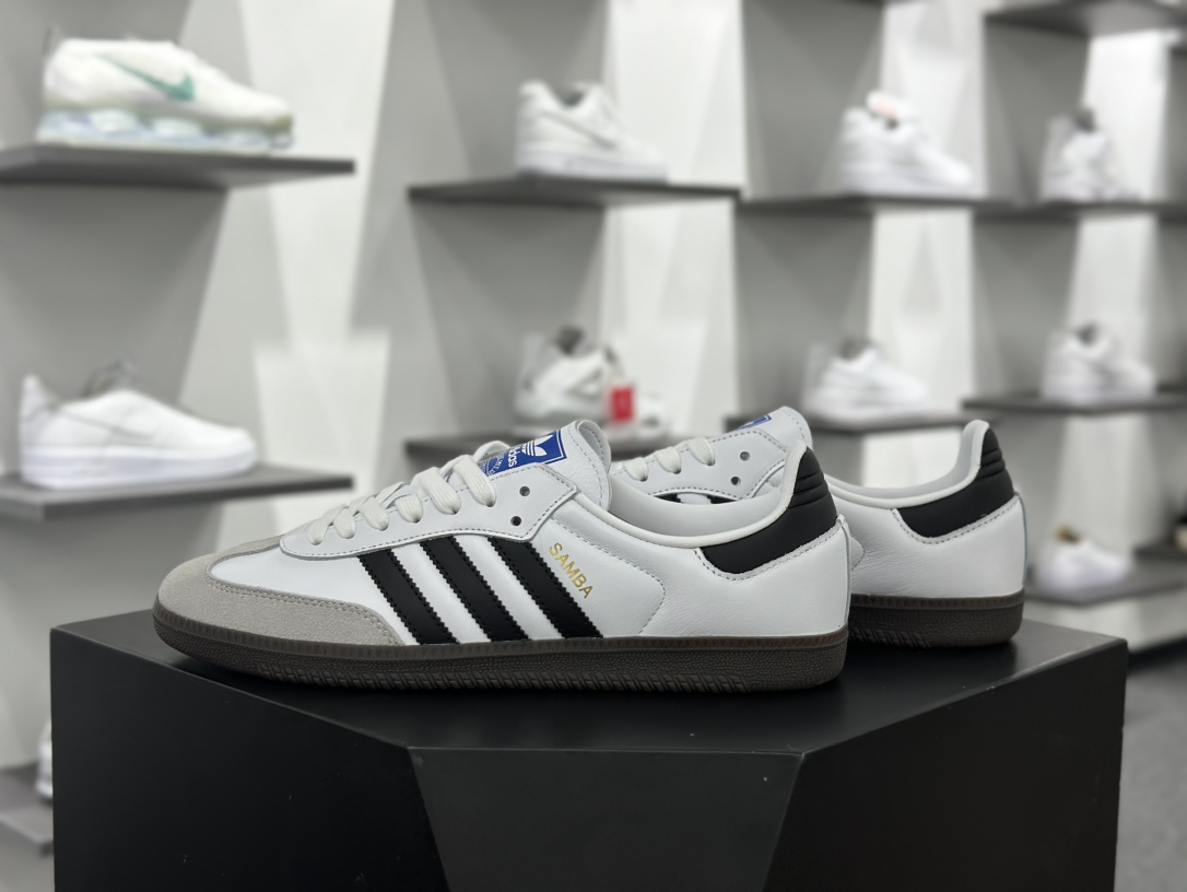 三叶草Adidas Originals Samba OG桑巴舞系列绅士德训足球风百搭低帮休闲运动板鞋“皮革白粉兔涂鸦焦糖底”B75806