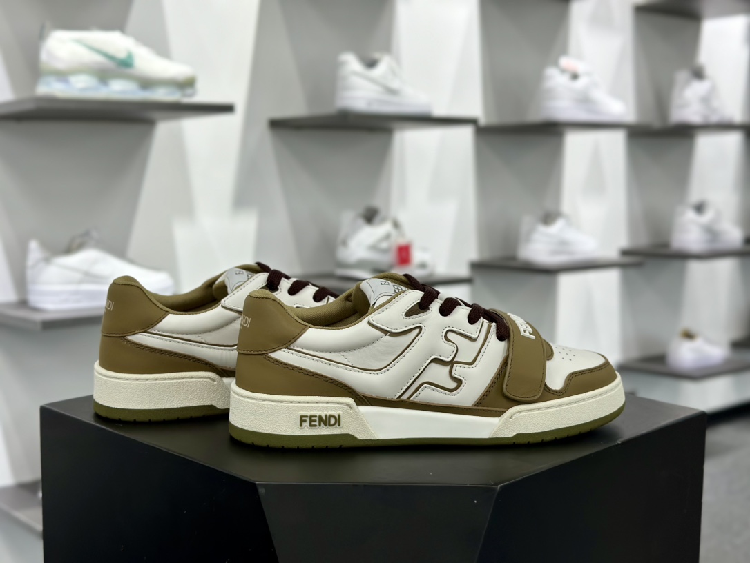 芬迪Fendi Match Sneaker Low Velcro竞赛系列魔术贴低帮复古百搭休闲运动板鞋“魔术贴军绿米白”