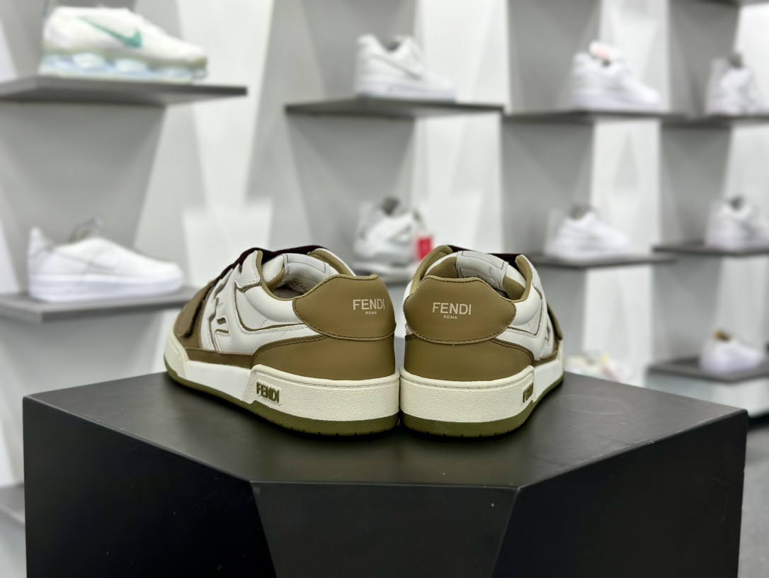 芬迪Fendi Match Sneaker Low Velcro竞赛系列魔术贴低帮复古百搭休闲运动板鞋“魔术贴军绿米白”