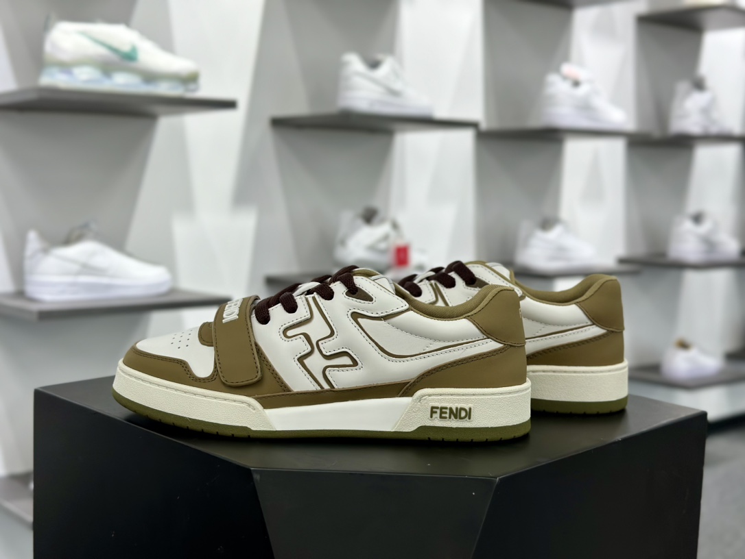 芬迪Fendi Match Sneaker Low Velcro竞赛系列魔术贴低帮复古百搭休闲运动板鞋“魔术贴军绿米白”