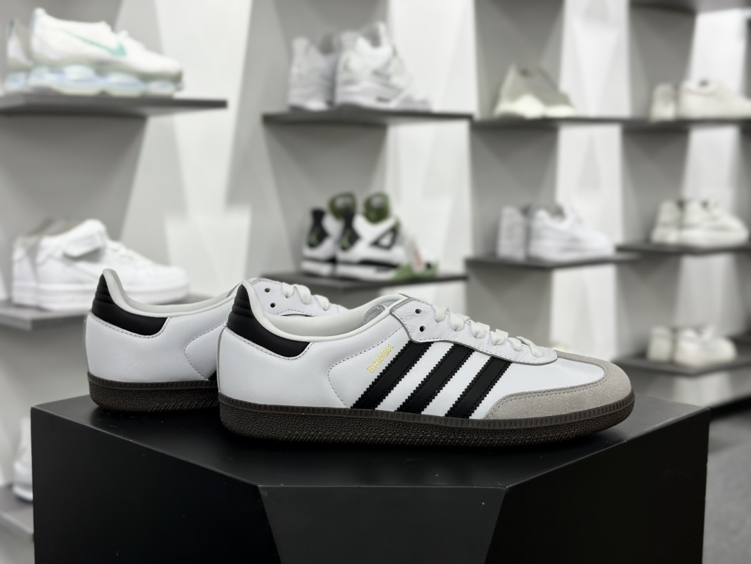 三叶草Adidas Originals Samba OG桑巴舞系列绅士运动板鞋“皮革白粉兔涂鸦焦糖底”B75806