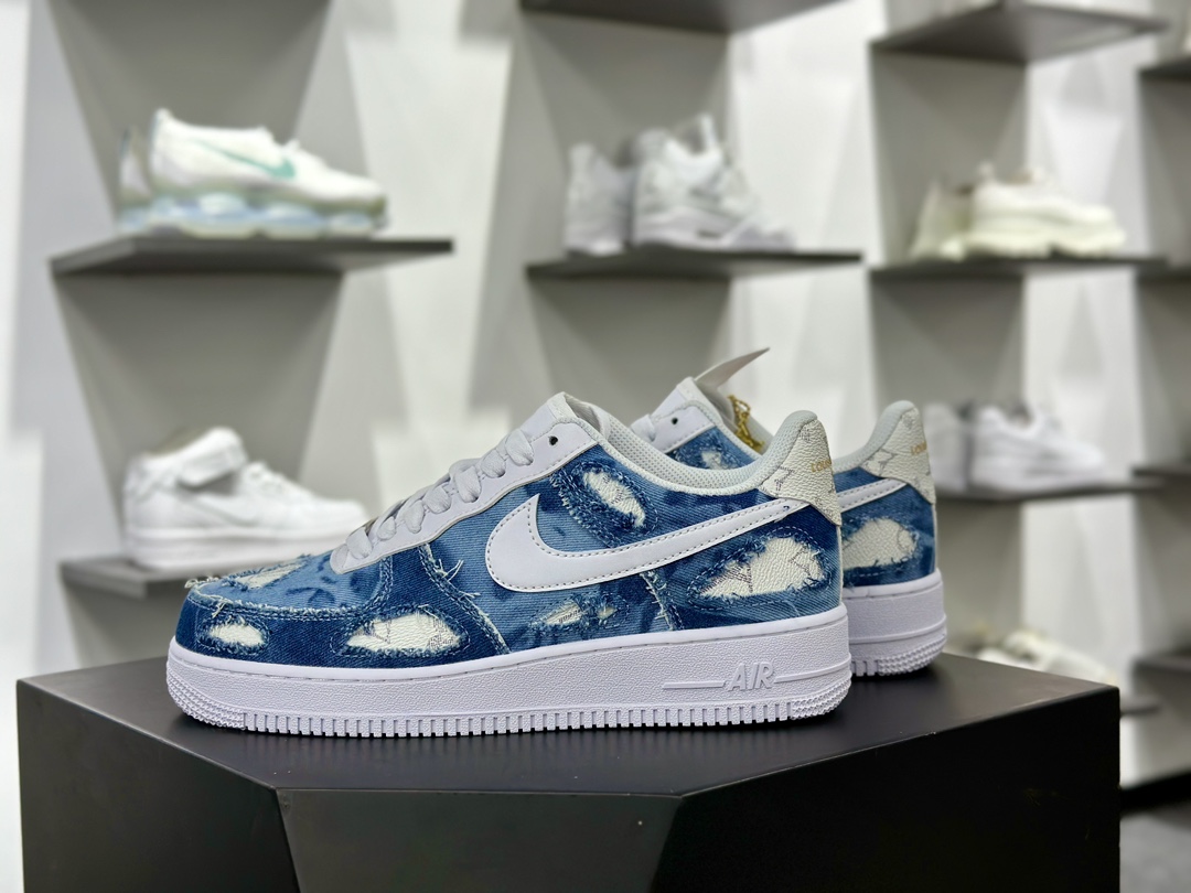 Louis Vuitton x Nike Air Force 1 07 LV8 Low”LV Monogram”空军一号板鞋“磨破牛仔水洗蓝白”CW2288-111