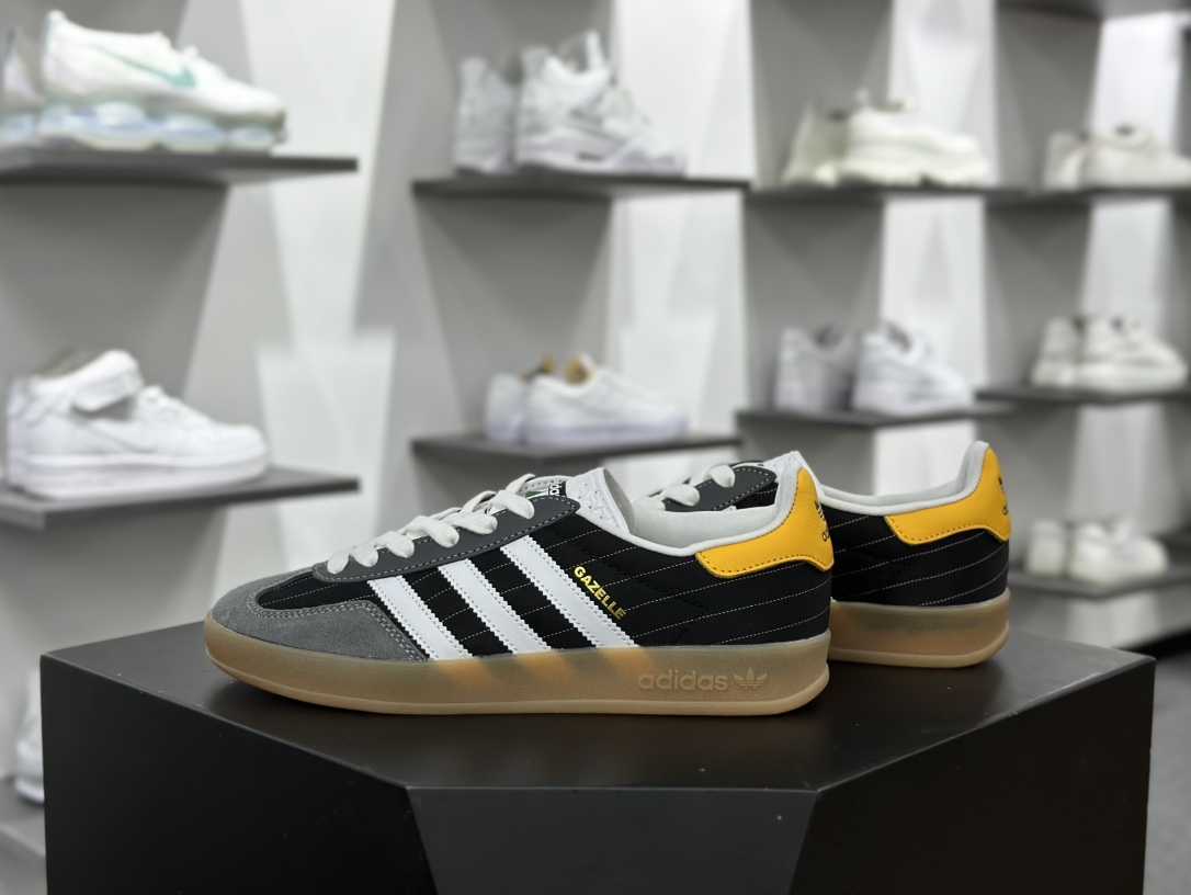 阿迪达斯Adidas Gazelle Indoor Trainers”Olympic Black”羚羊板鞋“奥运条纹黑灰白黄生胶底”IF9642