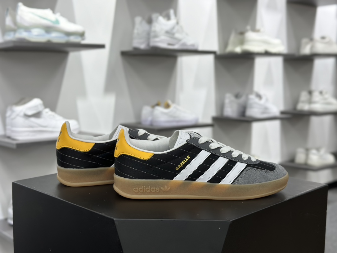 阿迪达斯Adidas Gazelle Indoor Trainers”Olympic Black”羚羊板鞋“奥运条纹黑灰白黄生胶底”IF9642