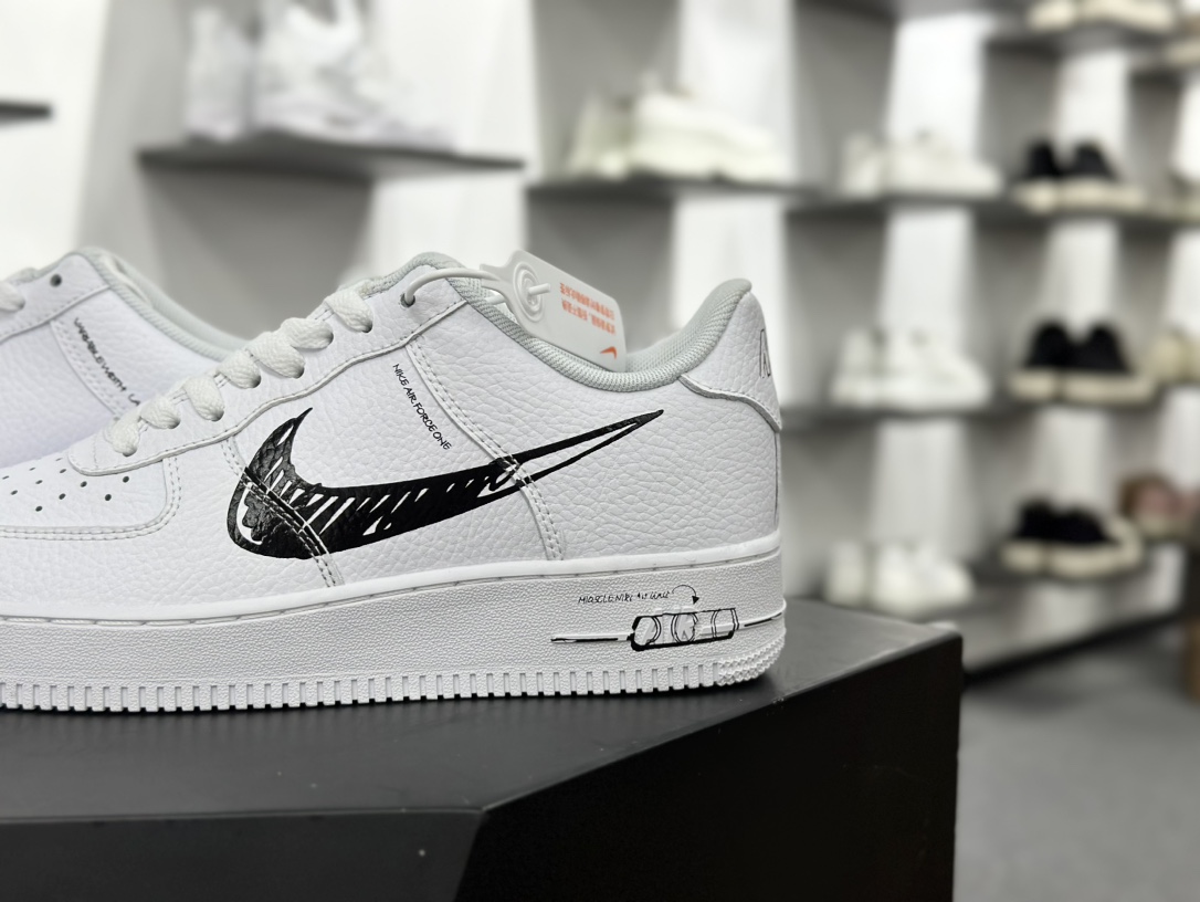 耐克Nike Air Force 1 '07 Low”Sketch/White Black”空军一号板鞋“皮革白黑手稿涂鸦钩子”CW7581-101