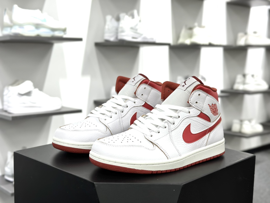 耐克Nike Air Jordan 1 Mid”Dune Red”AJ1乔丹一代中帮经典复古文化休闲运动篮球鞋“皮革白沙丘红”FJ3458-160