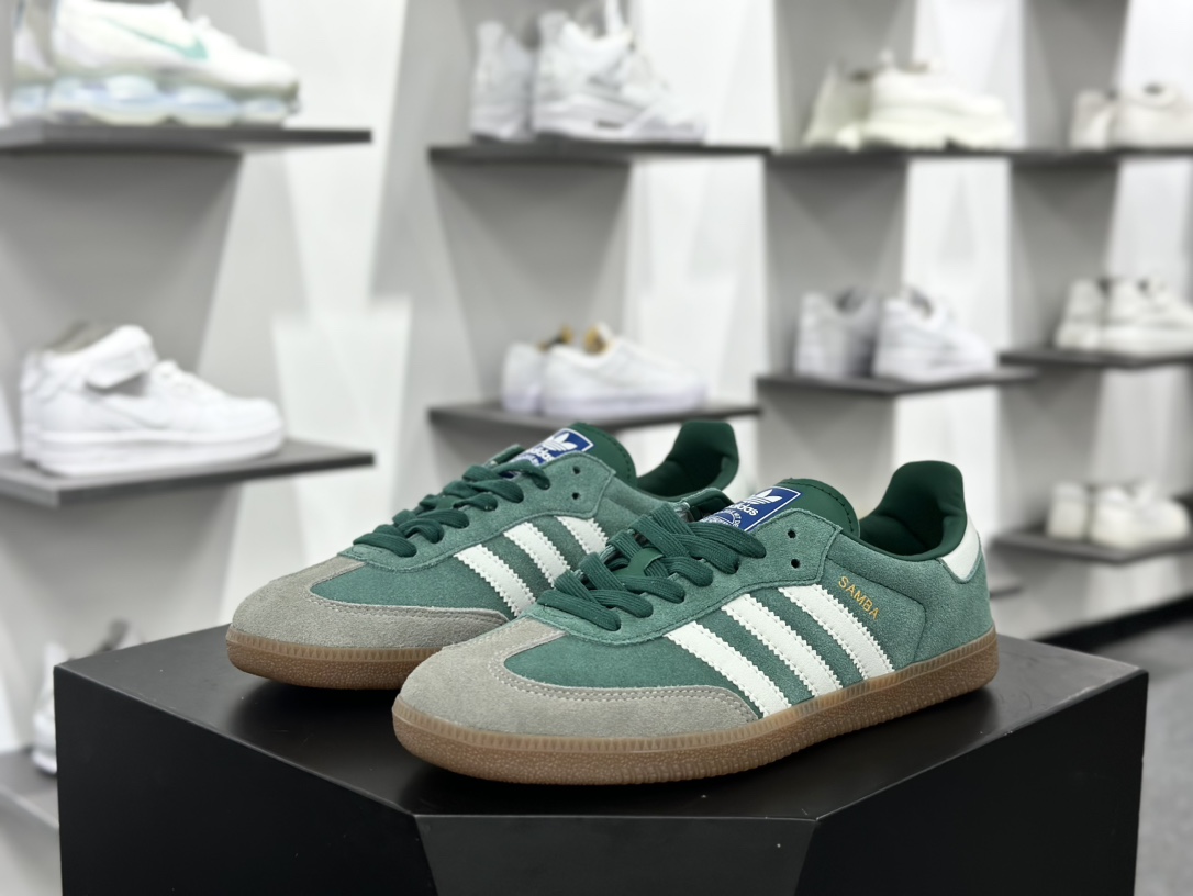 三叶草Adidas Originals Samba OG”Chalk Green”桑巴舞低帮休闲运动板鞋“翻毛绿深灰白生胶底”ID2054