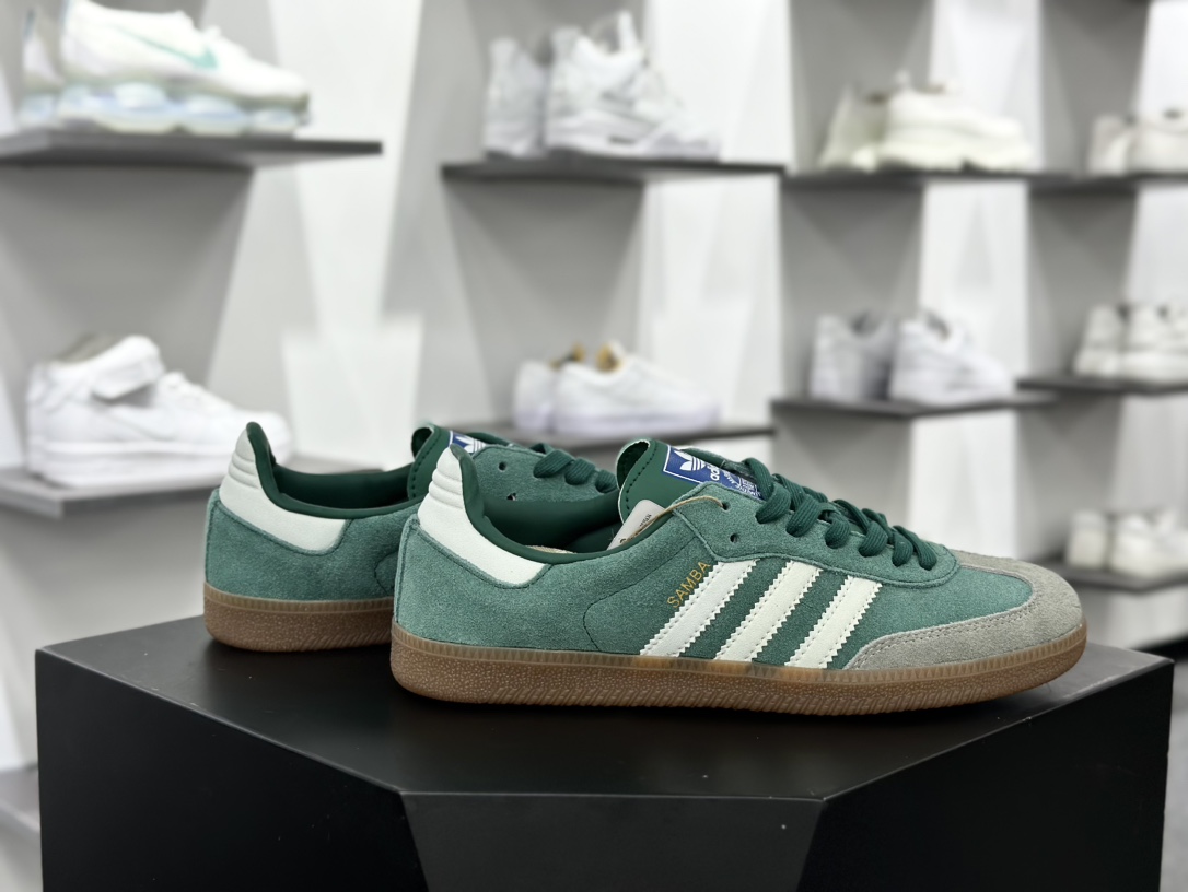 三叶草Adidas Originals Samba OG”Chalk Green”桑巴舞低帮休闲运动板鞋“翻毛绿深灰白生胶底”ID2054