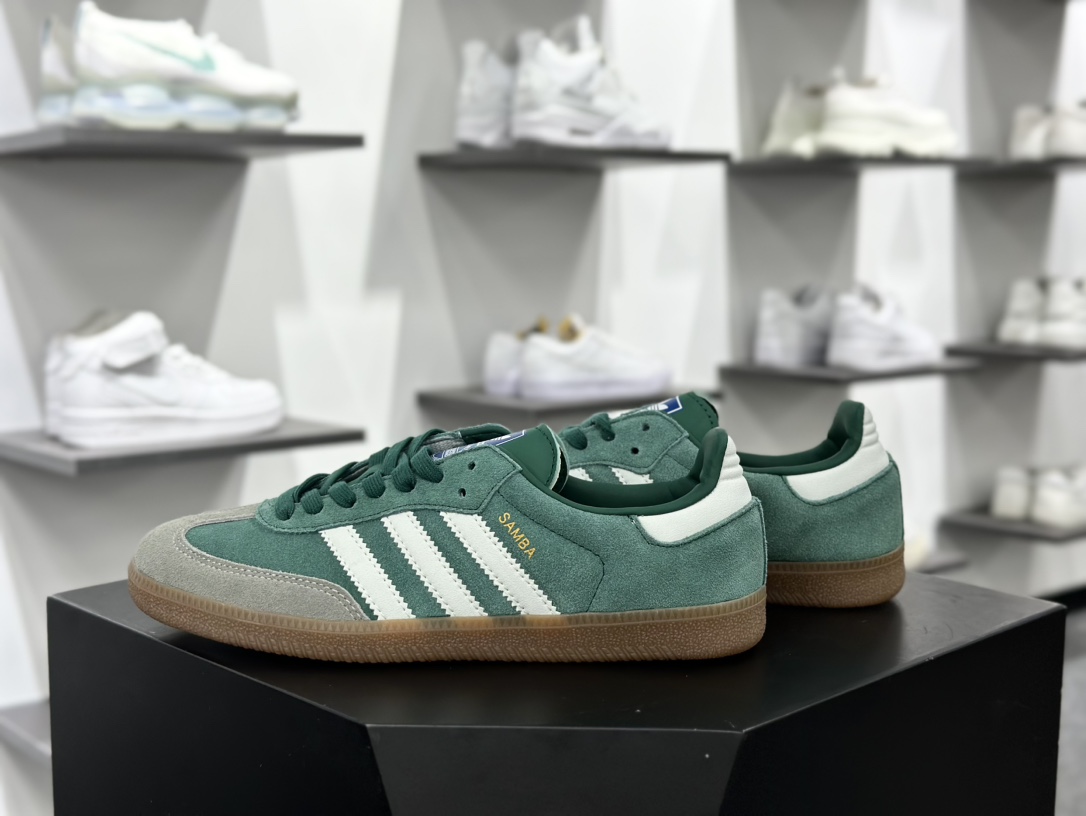 三叶草Adidas Originals Samba OG”Chalk Green”桑巴舞低帮休闲运动板鞋“翻毛绿深灰白生胶底”ID2054