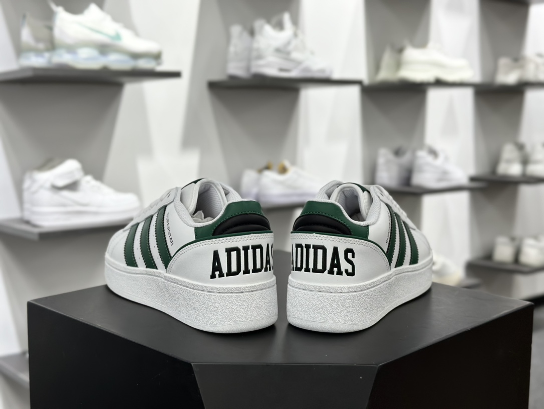 三叶草Adidas Originals Superstar XLG 贝壳头系列低帮运动板鞋“皮革白深绿黑字母LOGO”IE0760