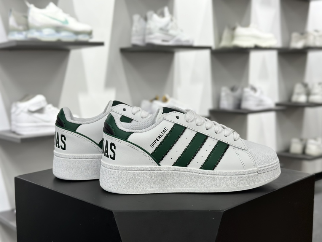 三叶草Adidas Originals Superstar XLG 贝壳头系列低帮运动板鞋“皮革白深绿黑字母LOGO”IE0760