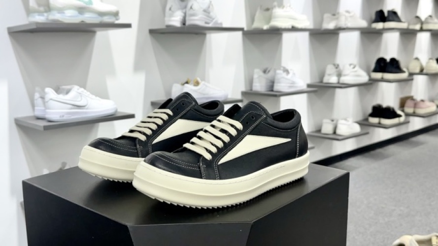 Rick Owens Inspired Black Leather Low-Top Sneakers - Unofficial Homage 1 Rick Owens Inspired Black Leather Low-Top Sneakers with White Accents