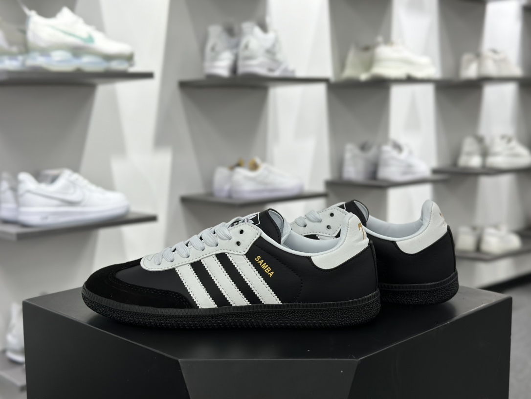 三叶草Adidas Originals Samba OG”Black 75 Anniversary”桑巴舞运动板鞋“熊猫黑白金75周年”JP5282