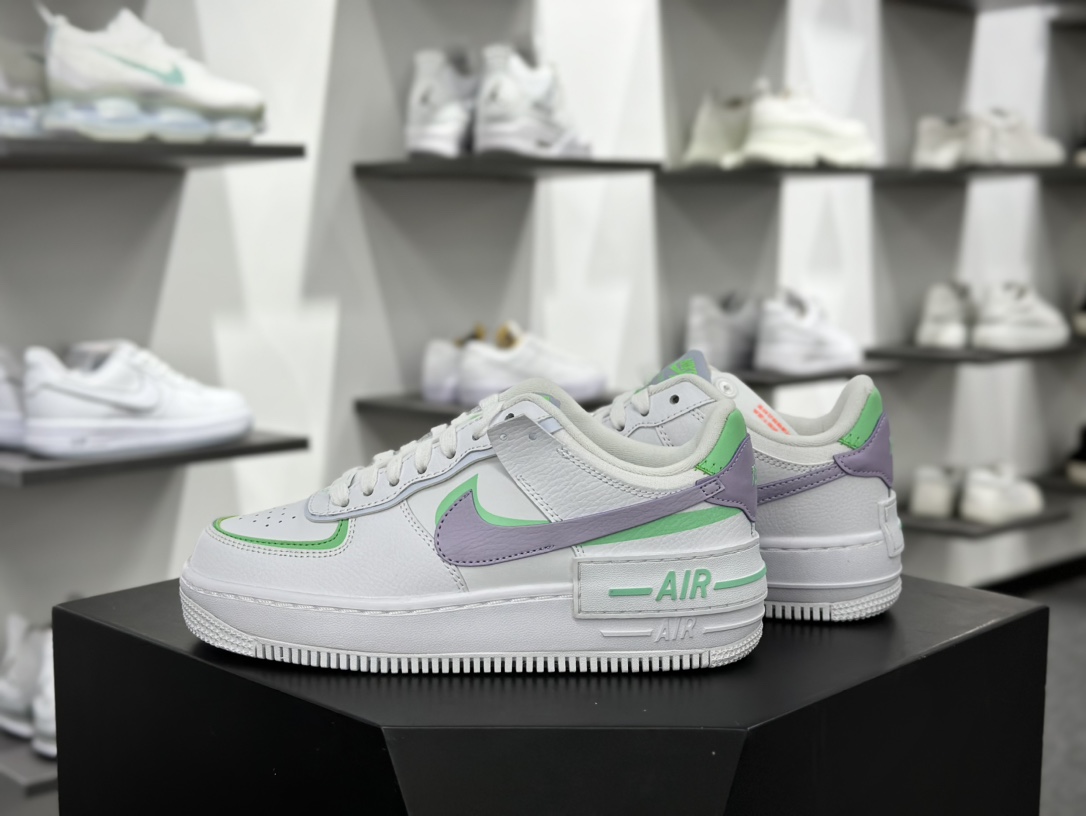 耐克Nike WMNS Air Force 1 Shadow”White/Green/Purple”空军一号板鞋”皮革白亮绿淡紫”CU8591-103