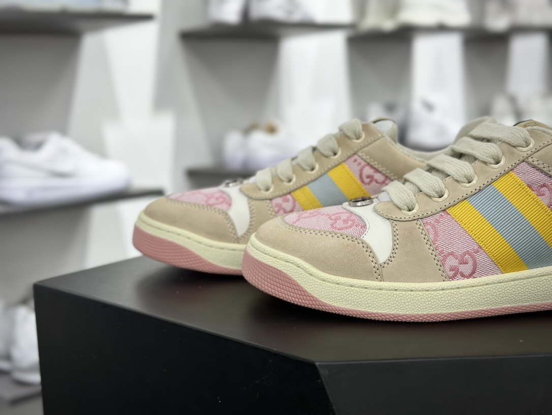 古驰Gucci Screener GG Sneaker Low 经典原型休闲板鞋“皮革米白黄蓝浅粉GG布”741575 9SFR0 8478