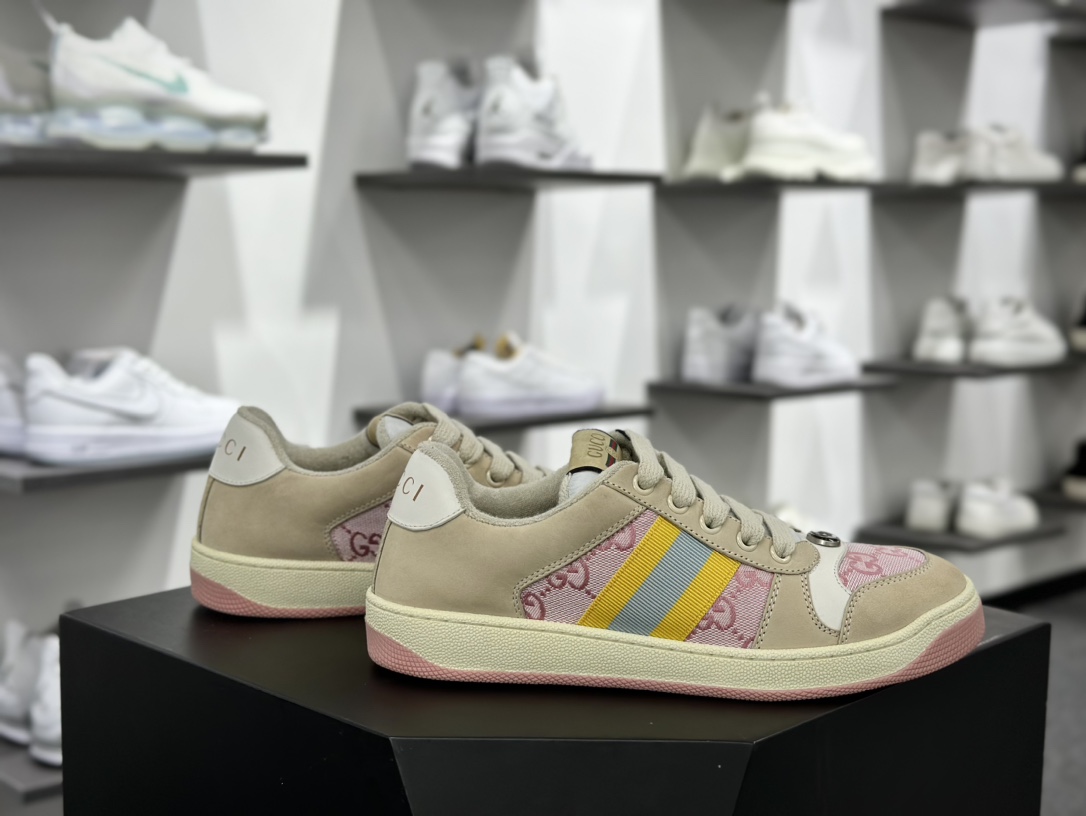 古驰Gucci Screener GG Sneaker Low 经典原型休闲板鞋“皮革米白黄蓝浅粉GG布”741575 9SFR0 8478