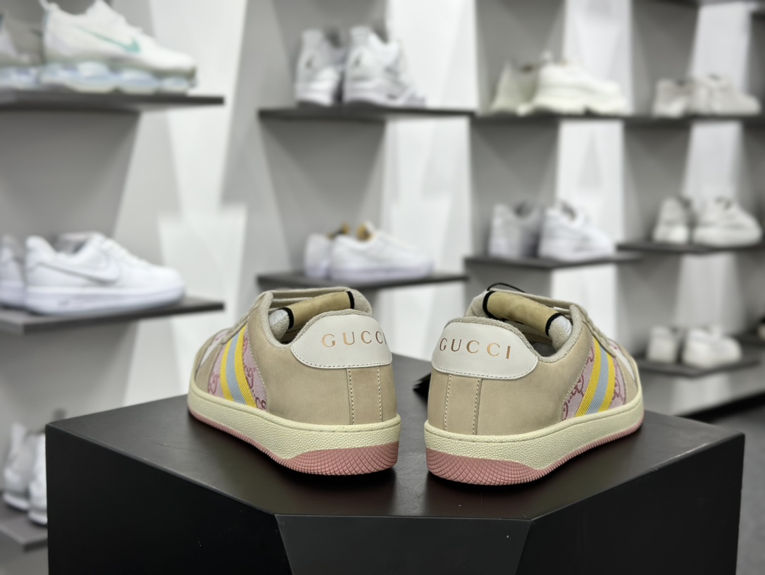 古驰Gucci Screener GG Sneaker Low 经典原型休闲板鞋“皮革米白黄蓝浅粉GG布”741575 9SFR0 8478