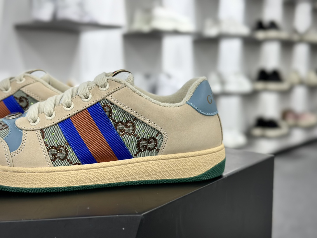 古驰Gucci Screener GG Sneaker Low 经典板鞋“皮革黄油白浅蓝GG水晶闪钻”677423 9SFR0 4983