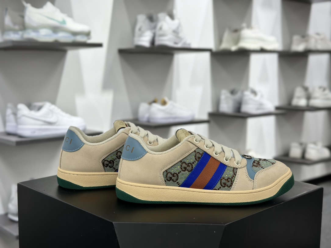 古驰Gucci Screener GG Sneaker Low 经典板鞋“皮革黄油白浅蓝GG水晶闪钻”677423 9SFR0 4983