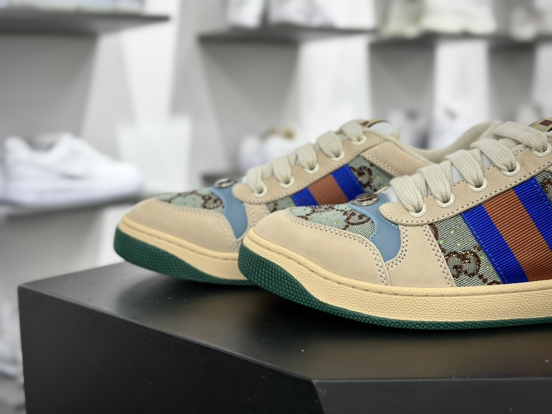 古驰Gucci Screener GG Sneaker Low 经典板鞋“皮革黄油白浅蓝GG水晶闪钻”677423 9SFR0 4983