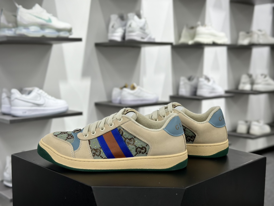 古驰Gucci Screener GG Sneaker Low 经典板鞋“皮革黄油白浅蓝GG水晶闪钻”677423 9SFR0 4983