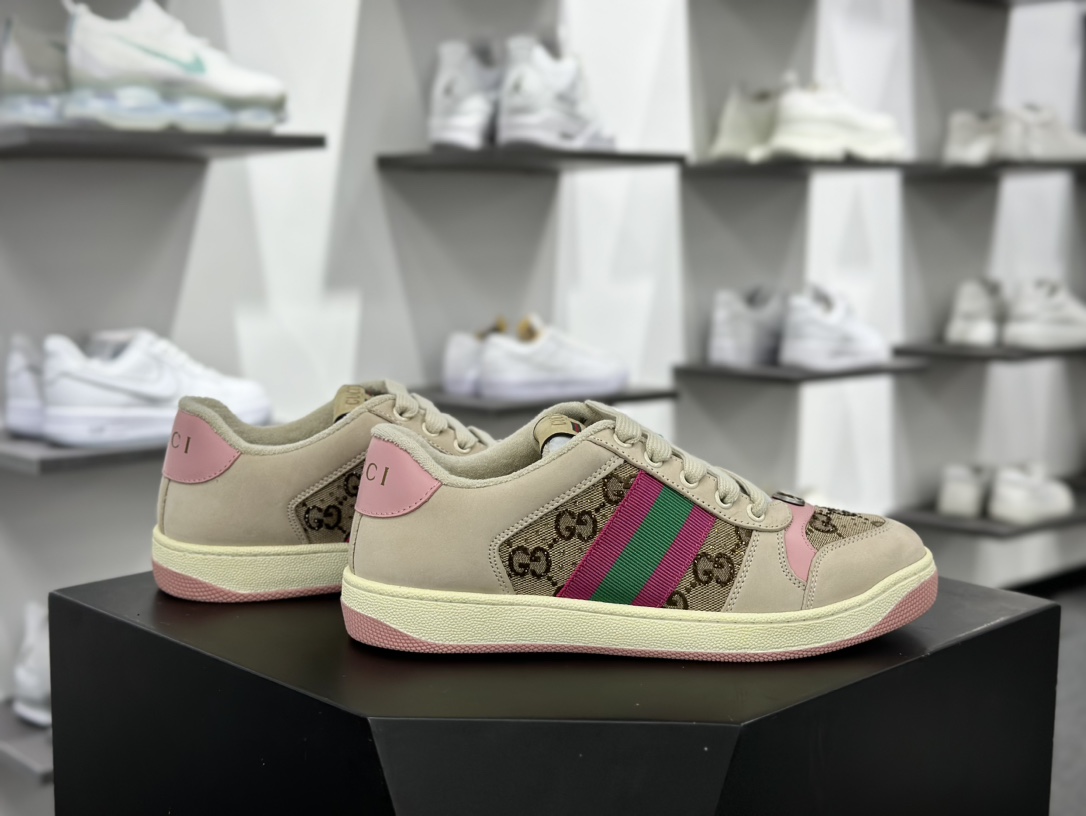 古驰Gucci Screener GG Sneaker Low 经典原型系列复古休闲板鞋“皮革黄油白浅粉绿GG水晶闪钻”677423 9SFR0 2587