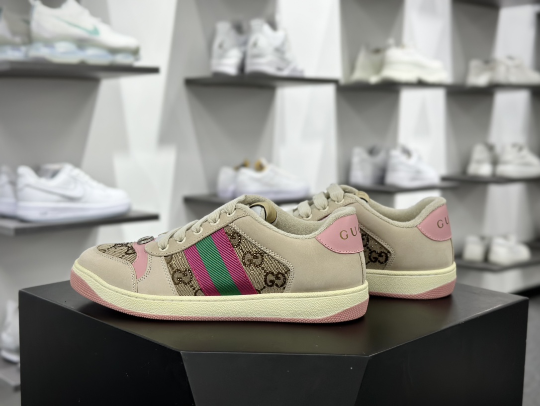 古驰Gucci Screener GG Sneaker Low 经典原型系列复古休闲板鞋“皮革黄油白浅粉绿GG水晶闪钻”677423 9SFR0 2587