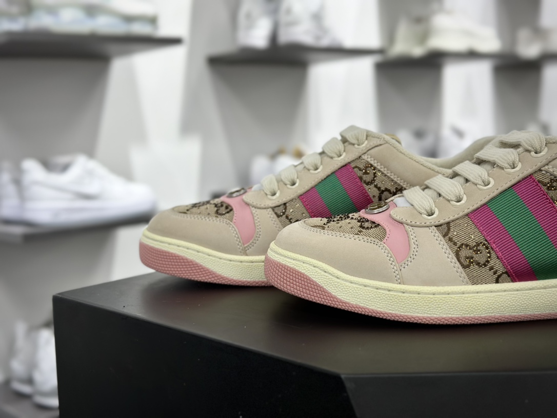 古驰Gucci Screener GG Sneaker Low 经典原型系列复古休闲板鞋“皮革黄油白浅粉绿GG水晶闪钻”677423 9SFR0 2587