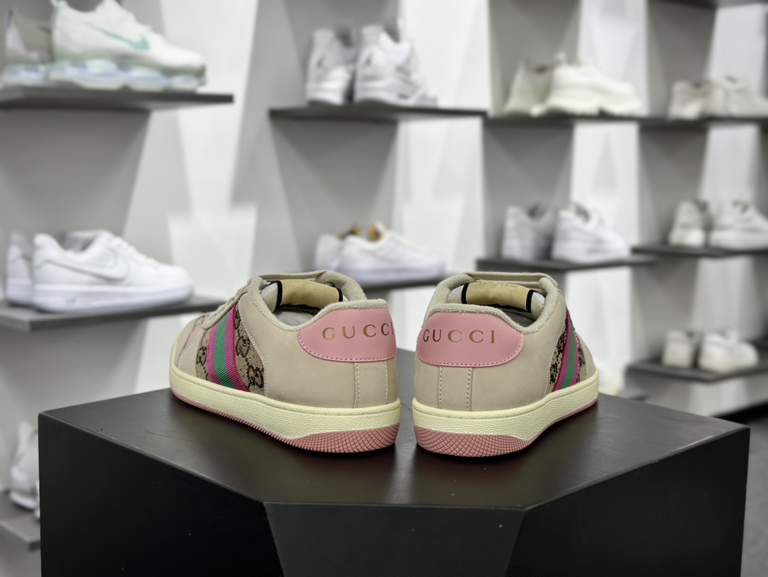 古驰Gucci Screener GG Sneaker Low 经典原型系列复古休闲板鞋“皮革黄油白浅粉绿GG水晶闪钻”677423 9SFR0 2587