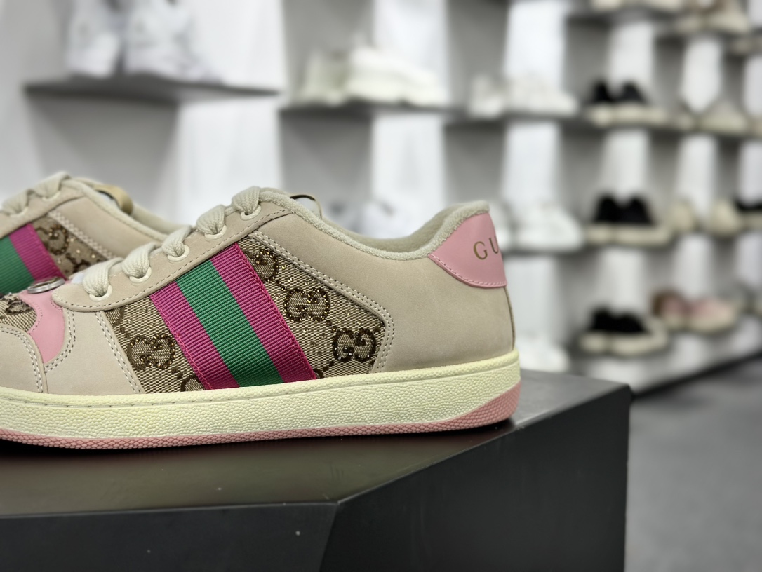 古驰Gucci Screener GG Sneaker Low 经典原型系列复古休闲板鞋“皮革黄油白浅粉绿GG水晶闪钻”677423 9SFR0 2587