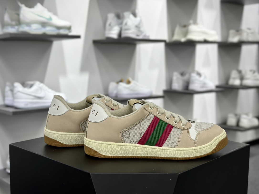 古驰Gucci Screener GG Sneaker Low 经典原型系列休闲板鞋“皮革米白粉绿GG金银丝线”577684 2C830 9150