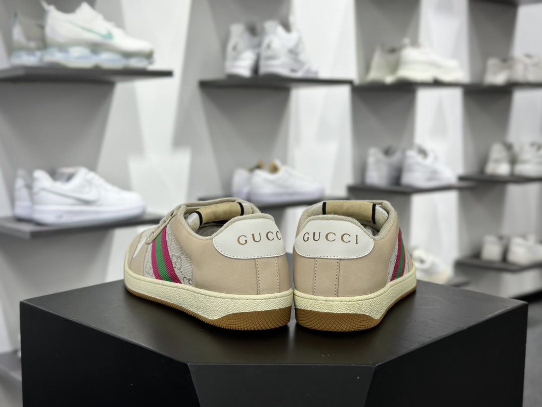 古驰Gucci Screener GG Sneaker Low 经典原型系列休闲板鞋“皮革米白粉绿GG金银丝线”577684 2C830 9150