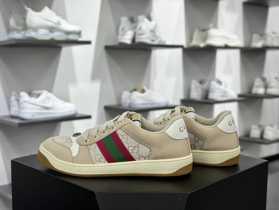 古驰Gucci Screener GG Sneaker Low 经典原型系列休闲板鞋“皮革米白粉绿GG金银丝线”577684 2C830 9150