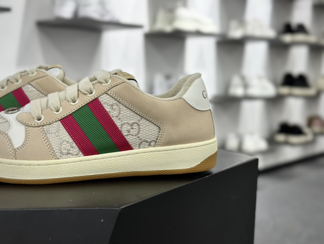 古驰Gucci Screener GG Sneaker Low 经典原型系列休闲板鞋“皮革米白粉绿GG金银丝线”577684 2C830 9150