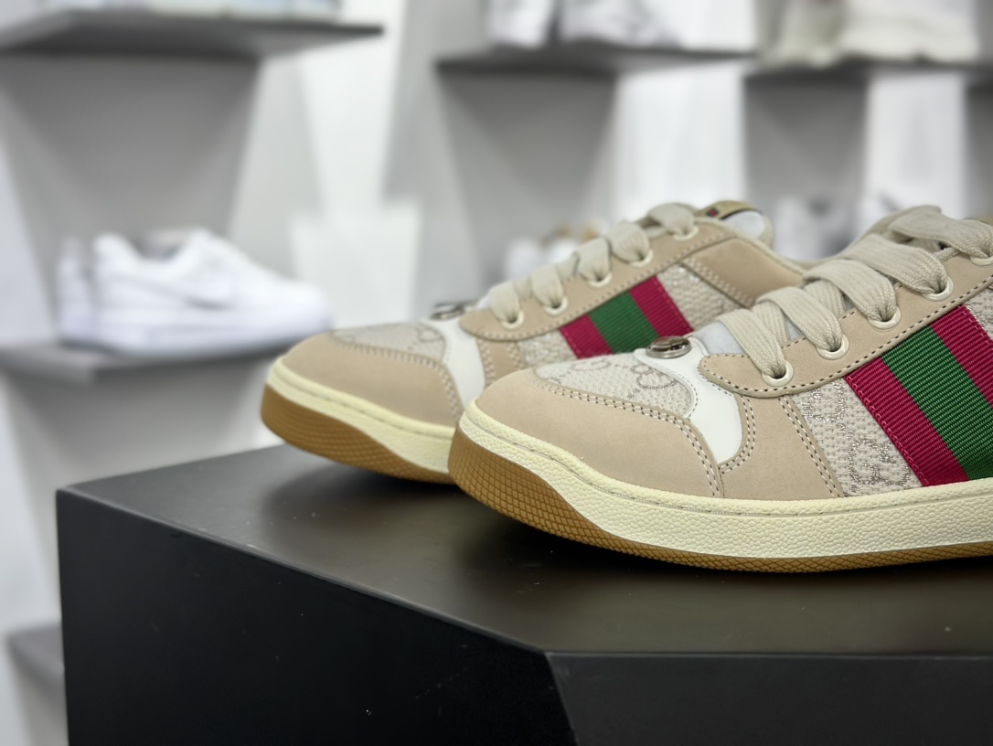 古驰Gucci Screener GG Sneaker Low 经典原型系列休闲板鞋“皮革米白粉绿GG金银丝线”577684 2C830 9150