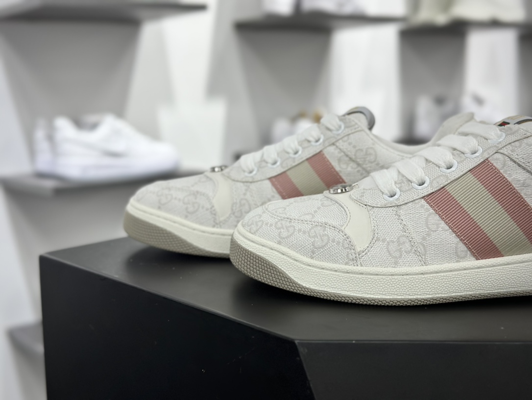 古驰Gucci Screener GG Sneaker Low 经典原型系列低帮板鞋“白粉GG木纹布”771134 96GE0 9058