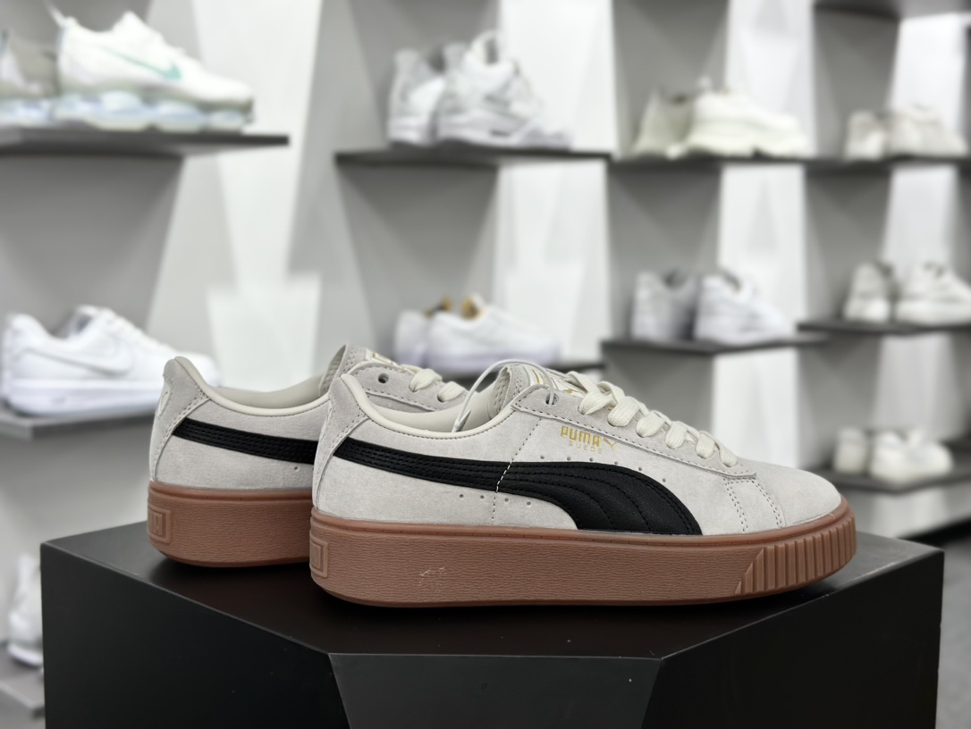 彪马PUMA Suede Platform Women's二代松糕复古休闲运动百搭显高板鞋“浅灰黑胶黄底金LOGO”363559-01