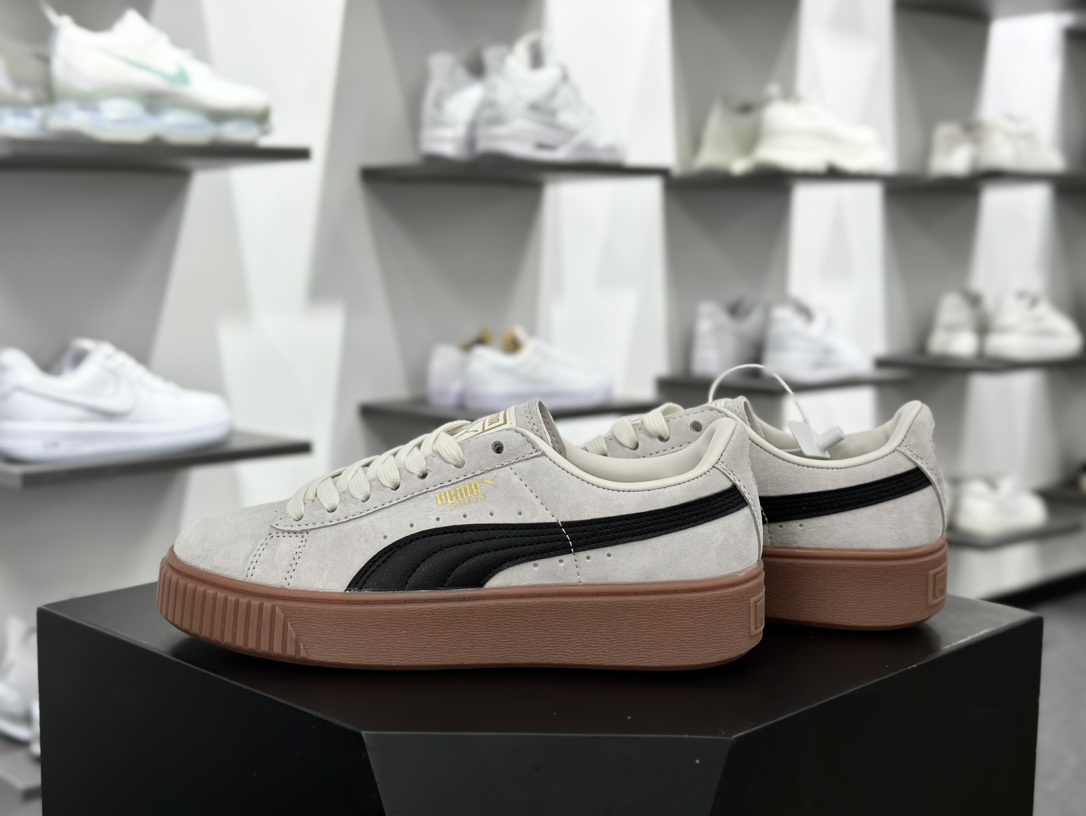 彪马PUMA Suede Platform Women's二代松糕复古休闲运动百搭显高板鞋“浅灰黑胶黄底金LOGO”363559-01