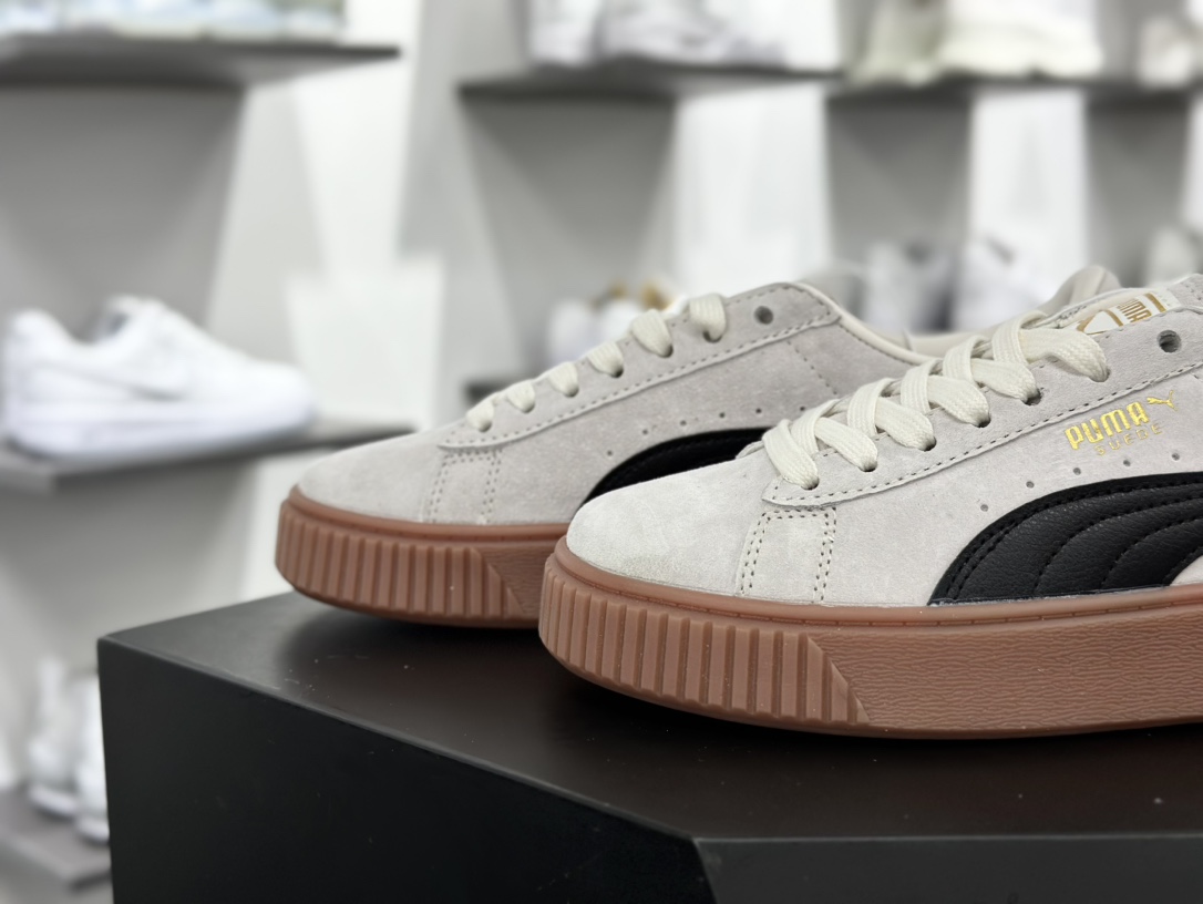 彪马PUMA Suede Platform Women's二代松糕复古休闲运动百搭显高板鞋“浅灰黑胶黄底金LOGO”363559-01