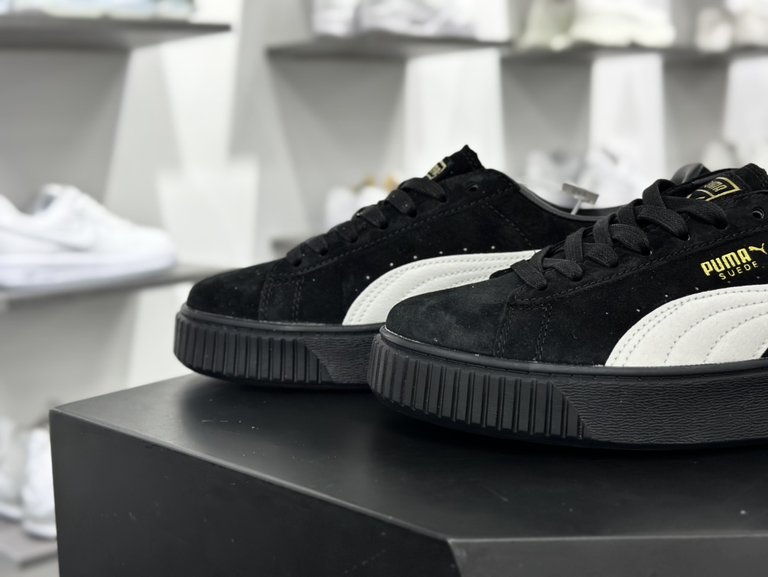 彪马PUMA Suede Platform Women's二代松糕复古休闲运动百搭显高板鞋“全黑白标金LOGO”362223-05