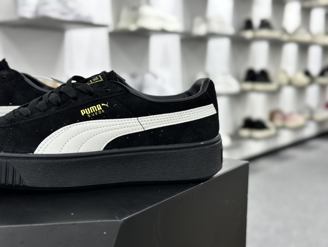 彪马PUMA Suede Platform Women's二代松糕复古休闲运动百搭显高板鞋“全黑白标金LOGO”362223-05