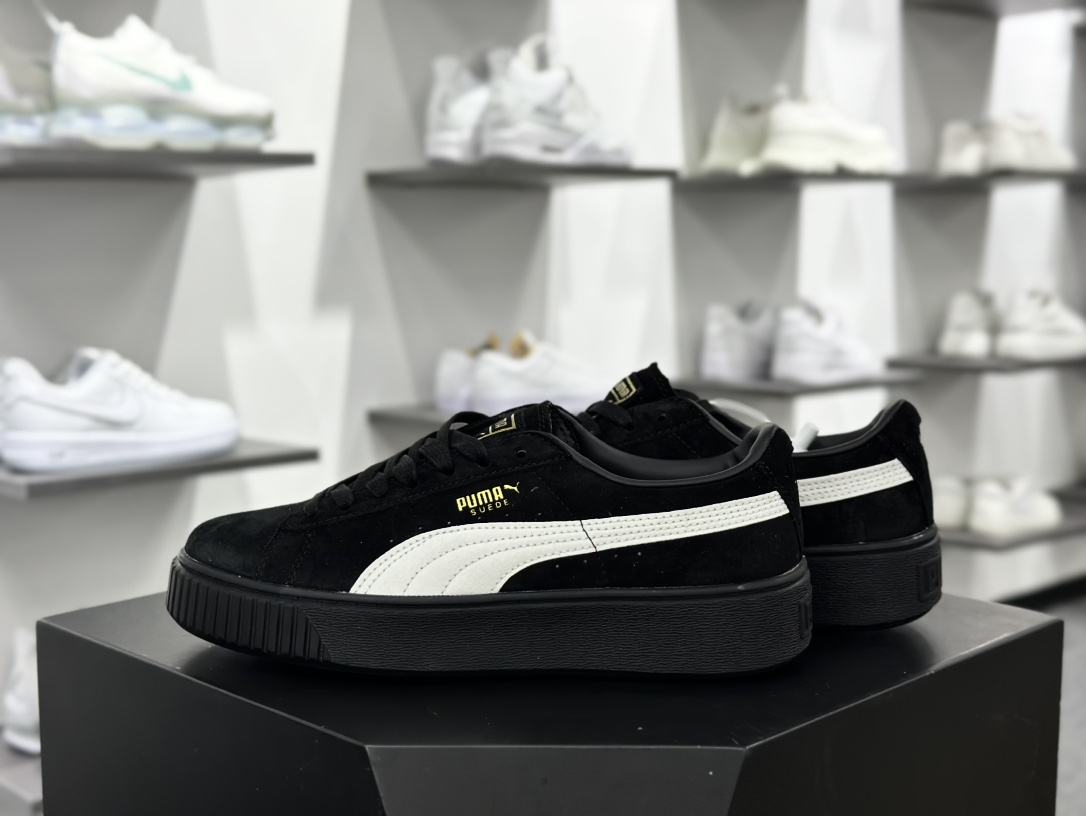 彪马PUMA Suede Platform Women's二代松糕复古休闲运动百搭显高板鞋“全黑白标金LOGO”362223-05